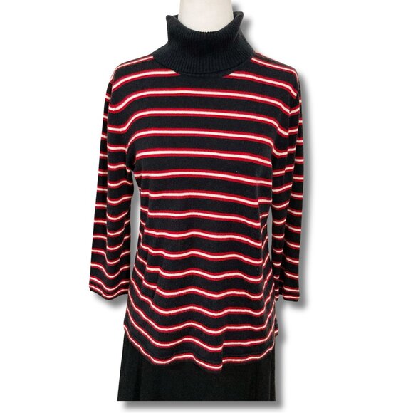 TOMMY HILFIGER Navy blue red white striped turtleneck sweater ~ SMALL MEDIUM top - Picture 1 of 9